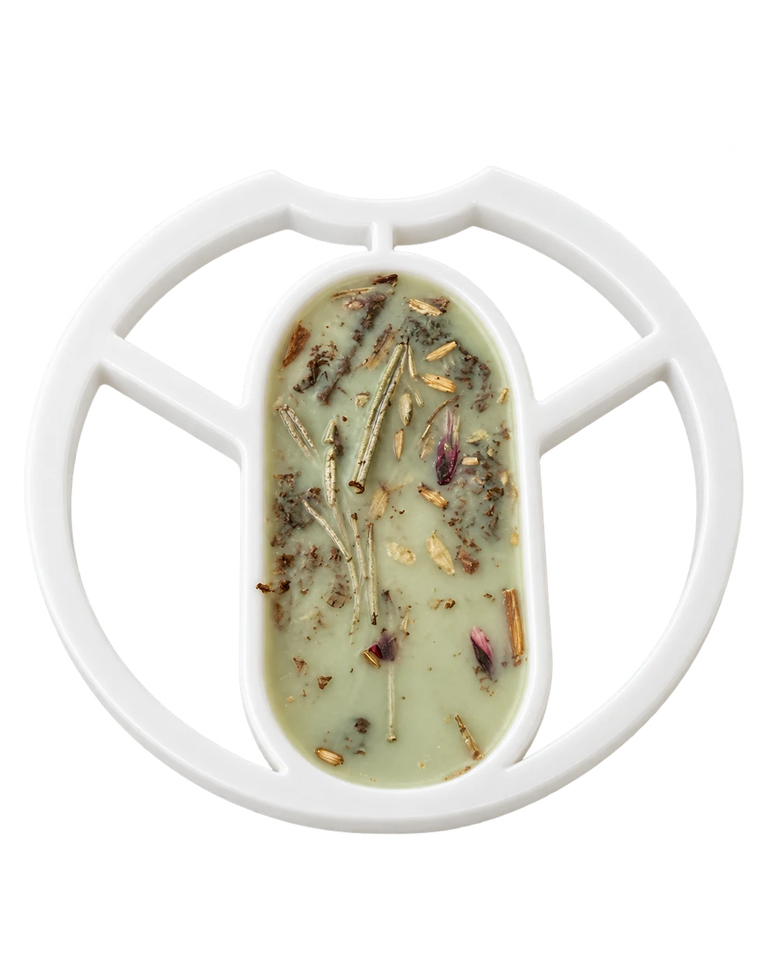 Round white plastic botanical wax tray with pale green herbal wax
