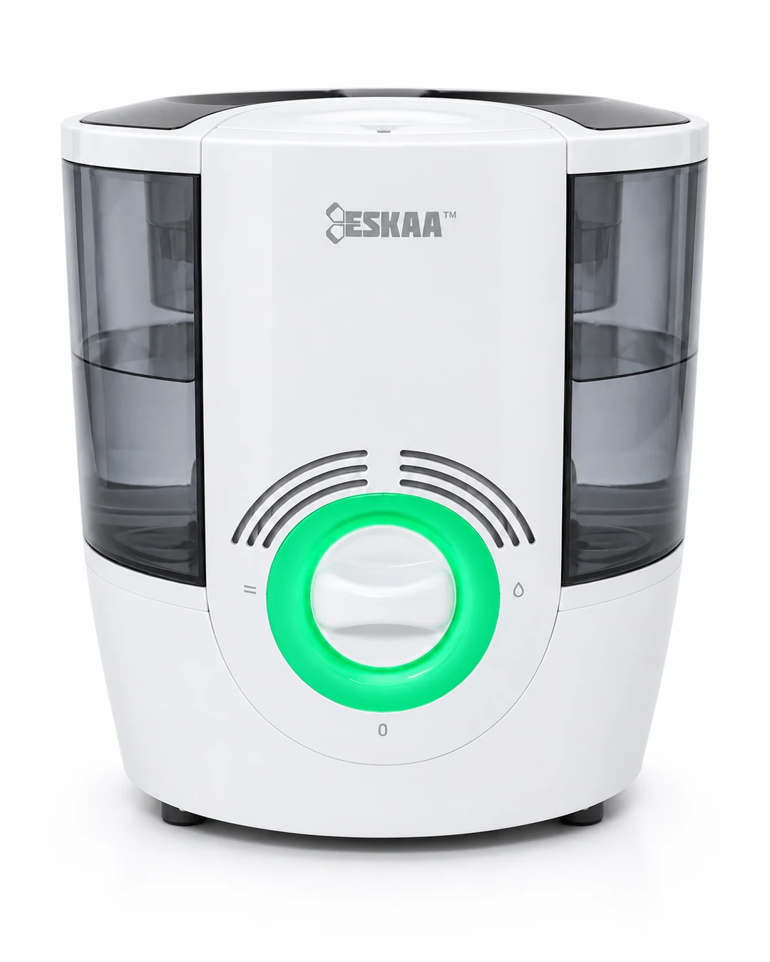 Front of the Eskaa heated humidifier with a green illuminated dial, central controls and smoky side panels